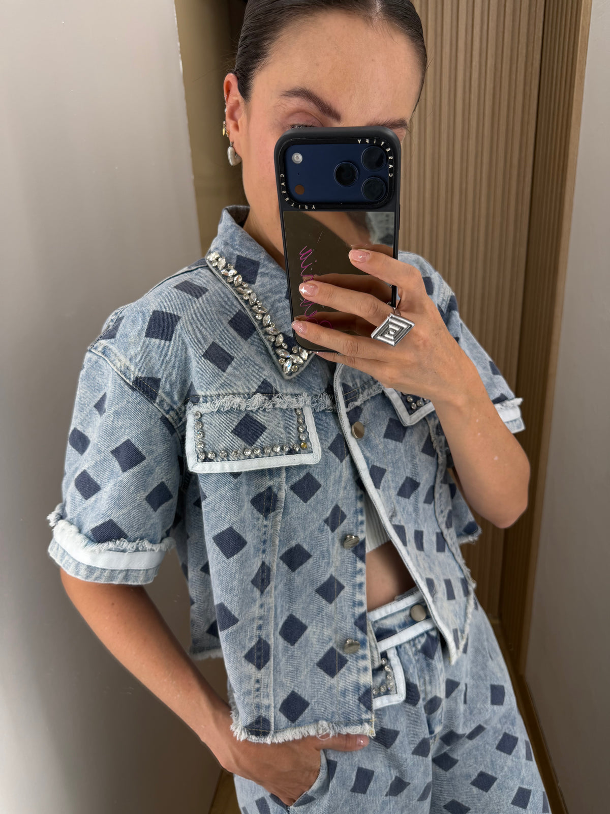 Conjunto para mujer de dos piezas mezclilla estampado geométrico color azul mezclilla | Bellania