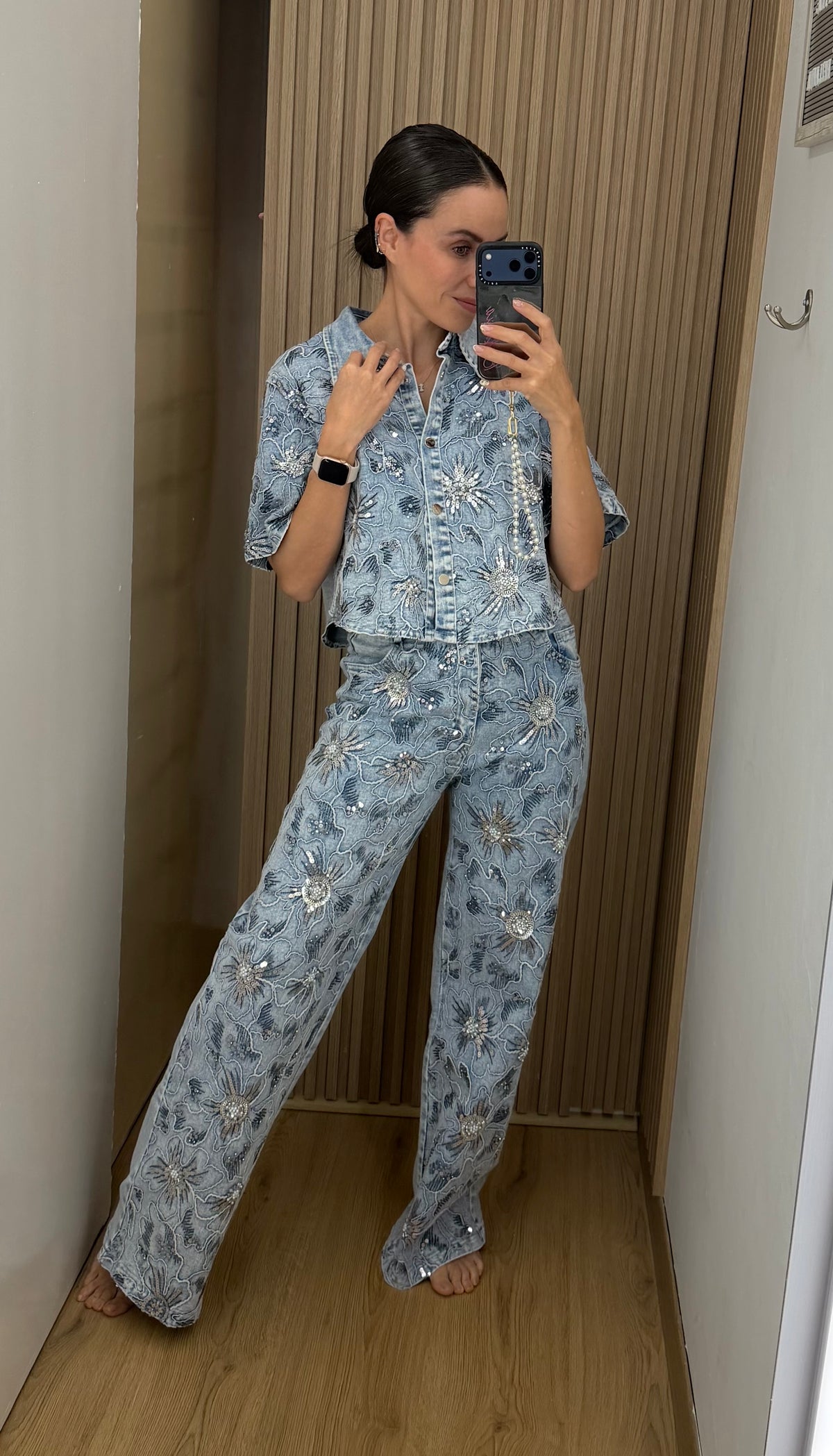 Conjunto para mujer de dos piezas mezclilla de encaje color azul claro | Bellania