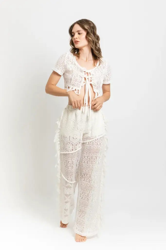 Conjunto para mujer de dos piezas de crochet tulum color marfil | Bellania