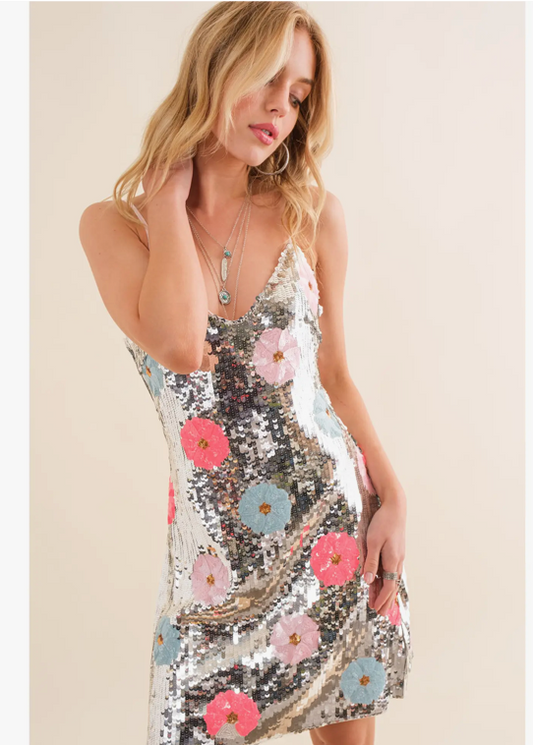 Mini vestido lentejuelas flores